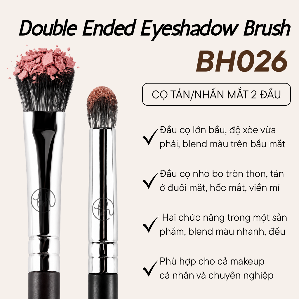 Cọ 2 Đầu Tán Bầu Mắt/Nhấn Chi Tiết Đầu Dẹt Đầu Nhọn BH COSMETICS Double Ended Eyeshadow Brush BH026